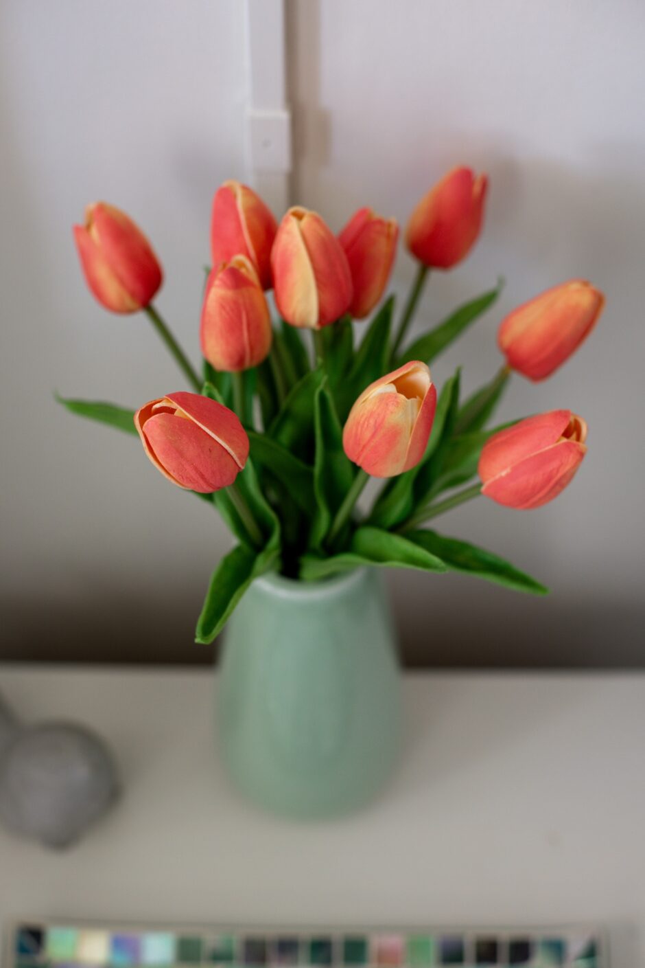 Sage Green Vase With Orange Tulips