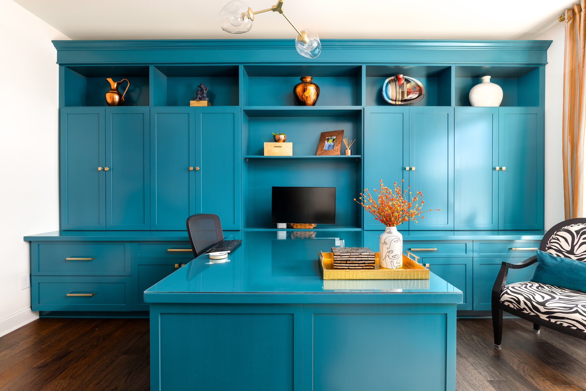 Teal Blue Home Office Built In Shelves